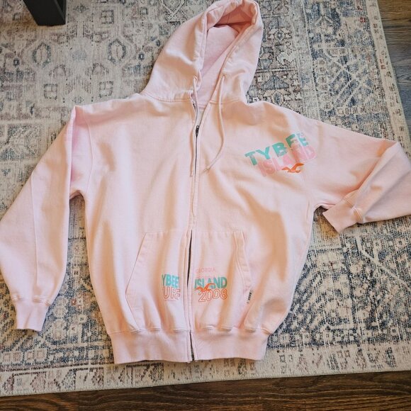 Basix Tops - Basix Vintage Tybee Island GA Surf 2008 Pink Hoodie Zip-Up Sweatshirt XL